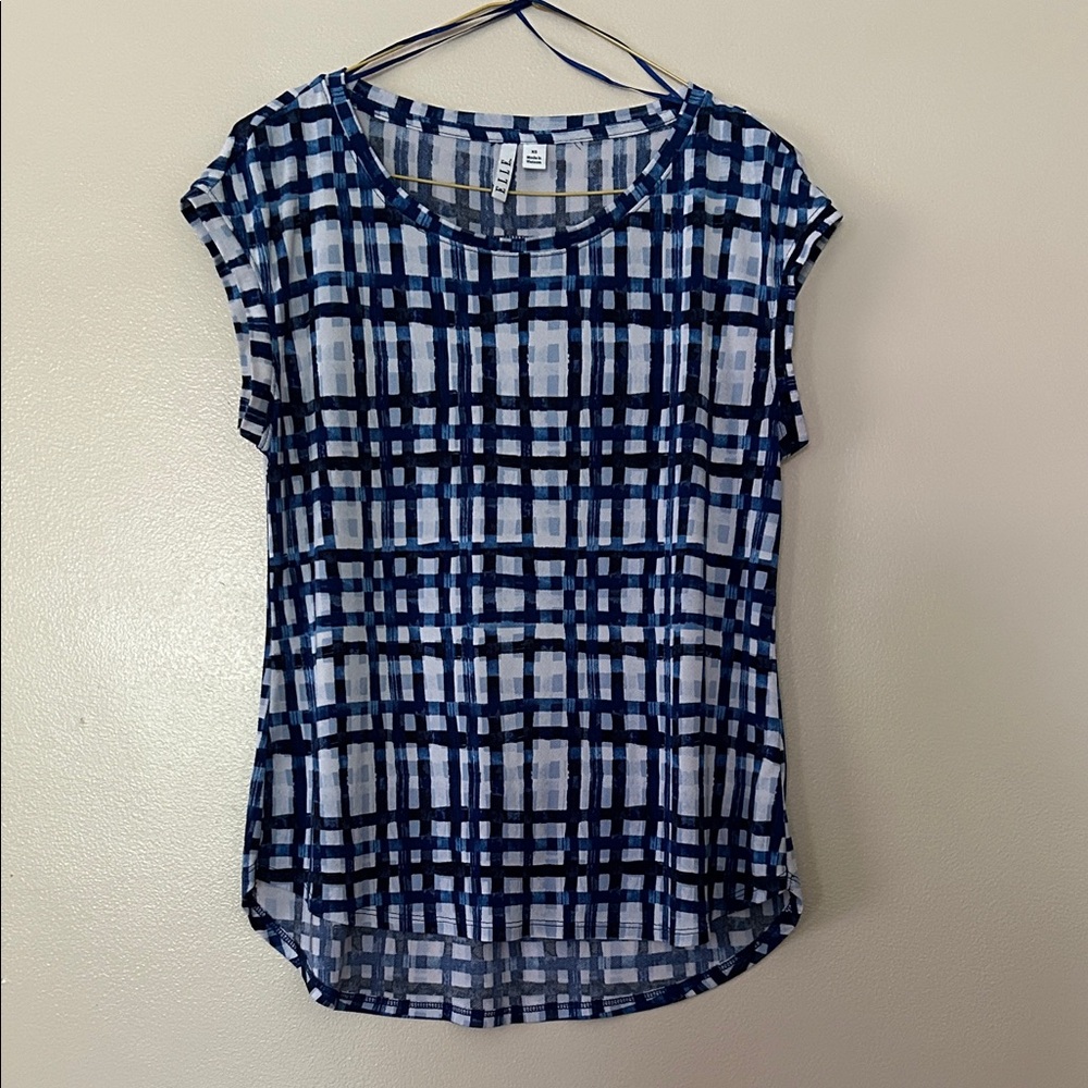 Elle Navy Checkered Short Sleeve Top in size XS